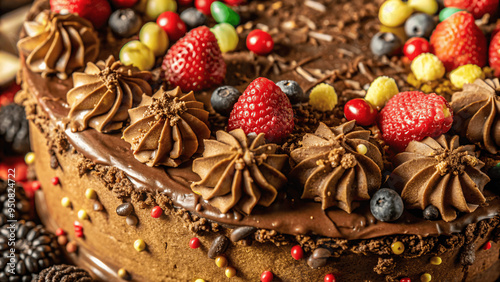 A close-up of a perfectly frosted chocolate cake with rich textures and vibrant colors