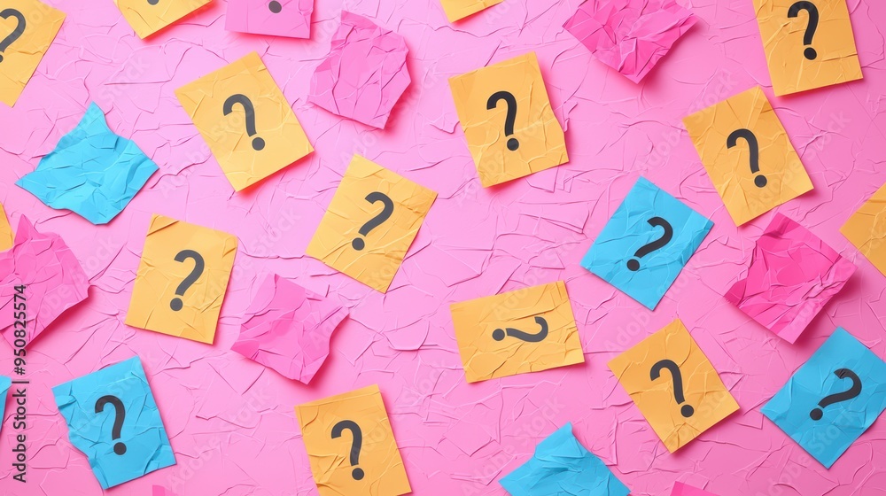 Colored crumpled paper with question marks is a background for quizzes and creative thinking Colored crumpled paper with question marks is a background for quizzes and creative thinking
