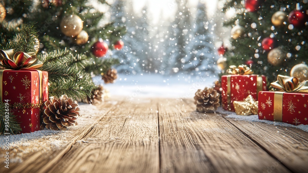 Festive Christmas Scene with Snow, Gifts, and Decorated Trees Festive Christmas Scene with Snow, Gifts, and Decorated Trees