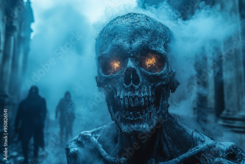 A menacing skeleton with glowing fiery eyes looms in a mist-filled alley, creating a haunting and spooky Halloween atmosphere