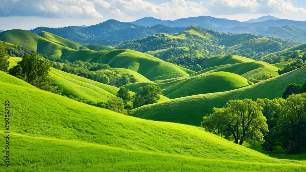 Rolling green hills stretch across the landscape, illuminated by sunlight, with scattered trees dotting the terrain, creating a tranquil and picturesque view.