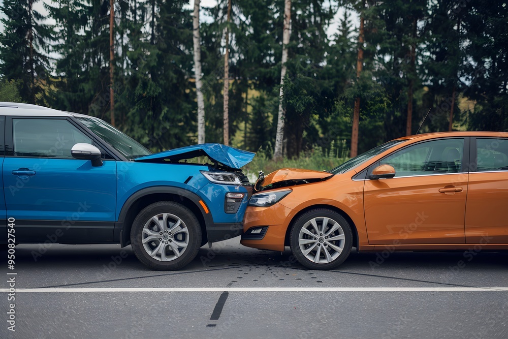 Blue SUV and orange sedan in minor collision, side by side contact visible Blue SUV and orange sedan in minor collision, side by side contact visible