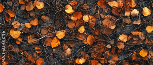 A close up of leaves on the ground with a brownish color