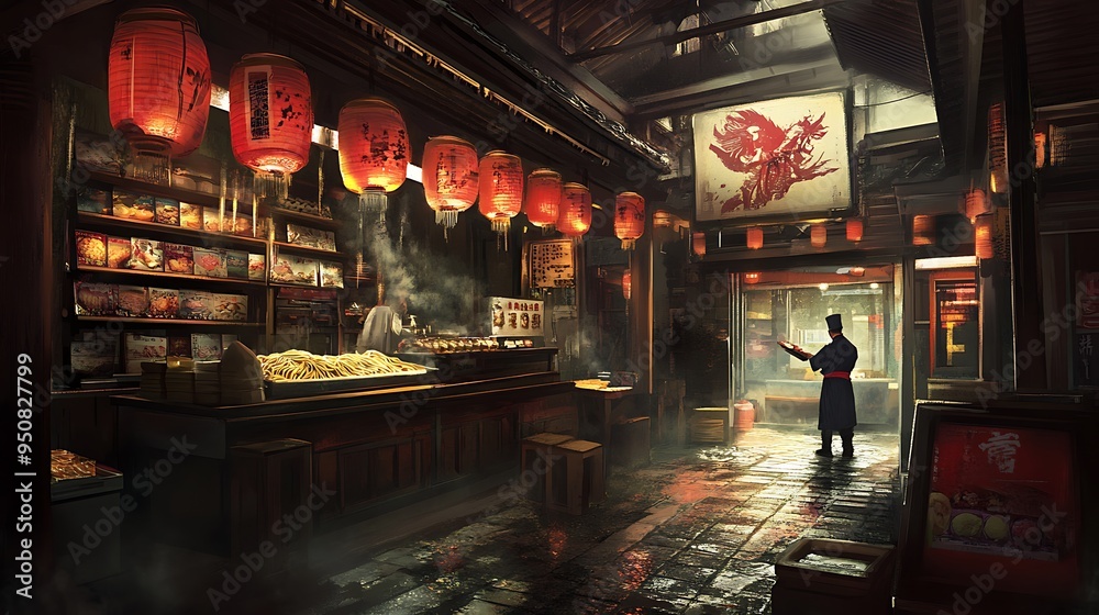 Naklejka premium Authentic Chinese Noodle Shop Interior with Cozy Seating and Traditional Decor