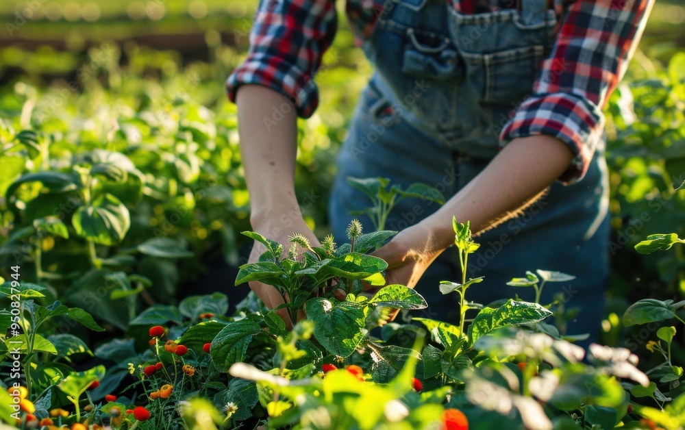 Fototapeta premium Community members engaging in regenerative farming practices while harvesting crops in a vibrant local field at sunset