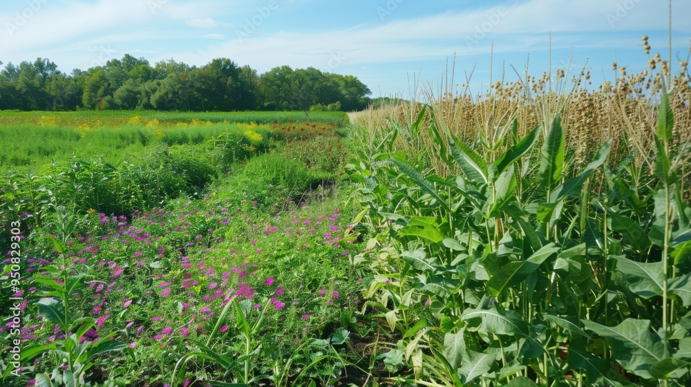 Obraz premium Diverse cover crop field with sudangrass, sorghum-sudan hybrids, and crown vetch enhancing soil health in a rural landscape