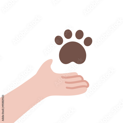 Hand holding paw print icon. Shelter, helping homeless animal, charity, donation, support, care concepts. Suitable for poster, flyer. Flat vector design isolated illustration.