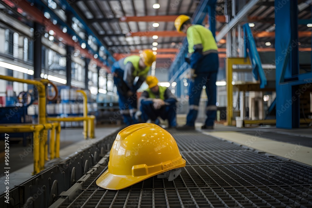Yellow hard hat on ground in industrial area, two workers assist injured colleague