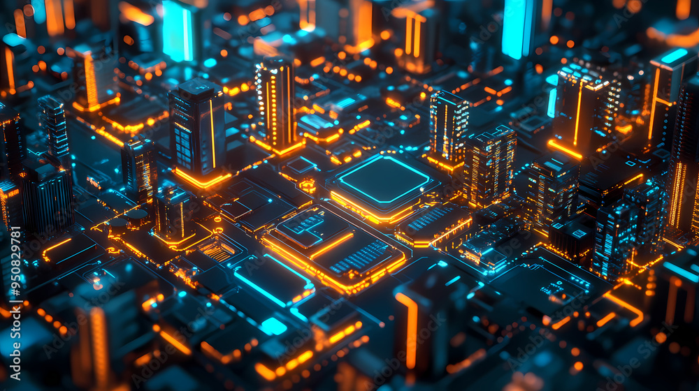 Silicon wafer with glowing circuits symbolizes ais role in futuristic cityscape. concept technology, ai, future cities, silicon wafer, glowing circuits. Futuristic. Illustration Silicon wafer with glowing circuits symbolizes ais role in futuristic cityscape. concept technology, ai, future cities, silicon wafer, glowing circuits. Futuristic. Illustration