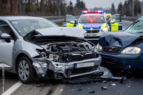 Road accident with severely damaged silver car, police car and debris on road