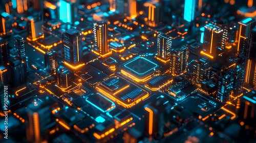 Silicon wafer with glowing circuits symbolizes ais role in futuristic cityscape. concept technology, ai, future cities, silicon wafer, glowing circuits. Futuristic. Illustration photo