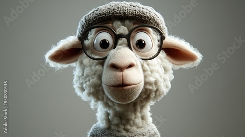 3D Animated Character of a Sheep with Glasses and Hat Against a Plain Background, Perfect for Creative and Fun Projects photo