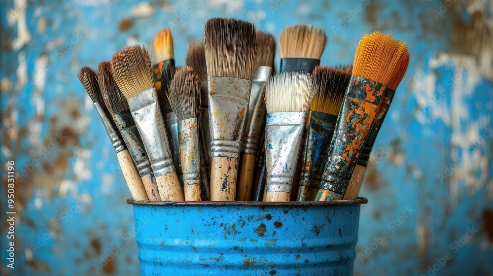 Fototapeta premium Variety of Paintbrushes with Different Bristle Types and Sizes Arranged in a Blue Metal Container