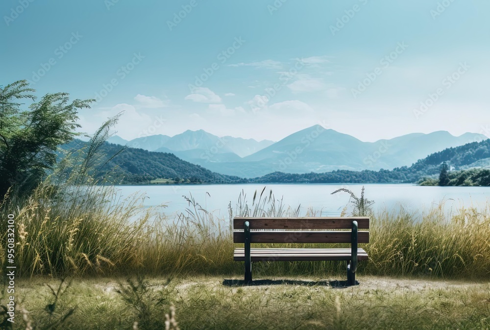 an empty bench in the grass overlooking a lake and mountains an empty bench in the grass overlooking a lake and mountains