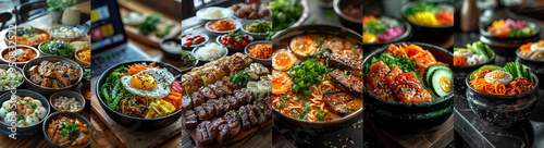 Collage of various Korean dishes, including bibimbap, grilled meats, and ramen, showcasing a colorful array of traditional Korean cuisine. 