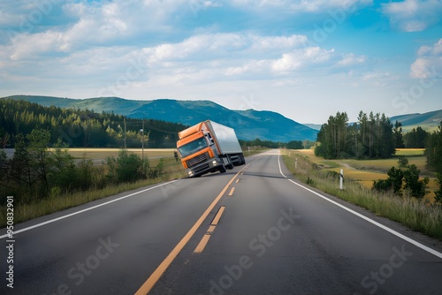 Orange truck veering off road into ditch, no obstructions nearby photo