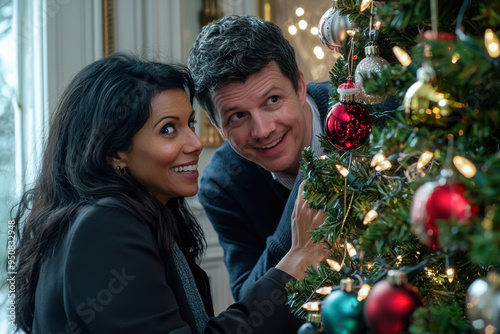 Cherished Moments of Christmas. An affectionate white couple engages in the joyous task of decorating, surrounded by the warmth of holiday lights. 