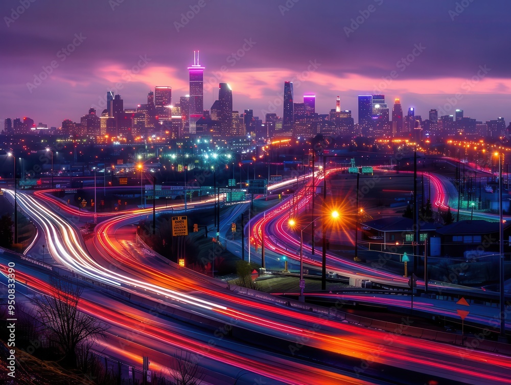 Obraz premium City skyline at night, vibrant and expansive, Urban, Bright colors, Photograph, Urban beauty