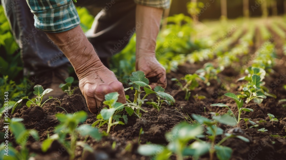 Gardener tending to young plants in a vibrant vegetable patch during early spring Gardener tending to young plants in a vibrant vegetable patch during early spring