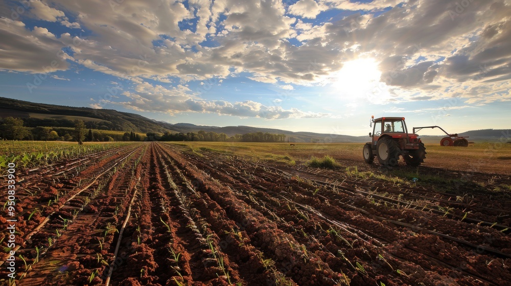 Tractor plowing fields under a dramatic sky at sunset near a rural landscape in autumn