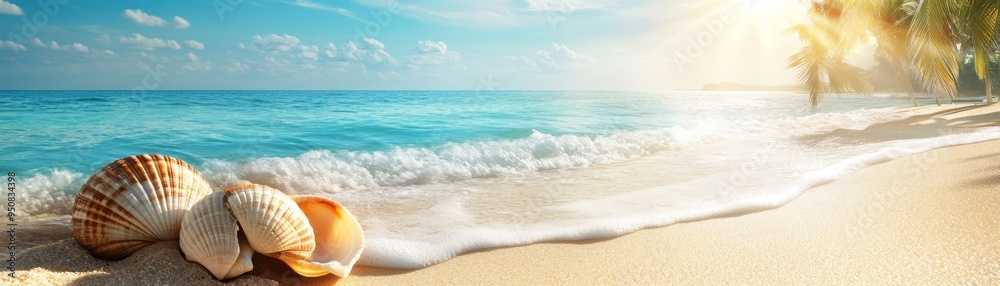 Obraz premium Serene Beach Icons Illustration with Seashell and Sun on Tropical Background, Copy Space for Text