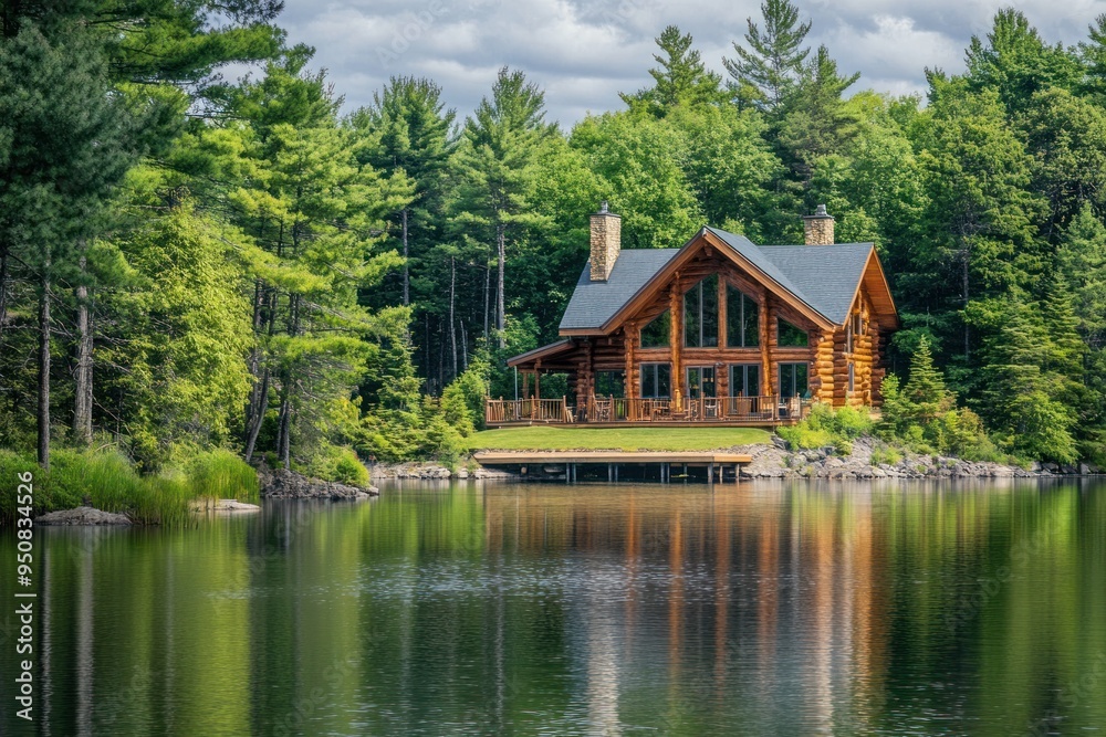 A beautiful log cabin with large windows, sitting on the edge of an expansive lake surrounded by tall trees A beautiful log cabin with large windows, sitting on the edge of an expansive lake surrounded by tall trees