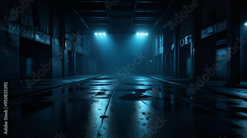 Dark street, wet asphalt, reflections of rays in the water. Abstract dark blue background, smoke, smog. Empty dark scene, neon light, spotlights. Concrete road background