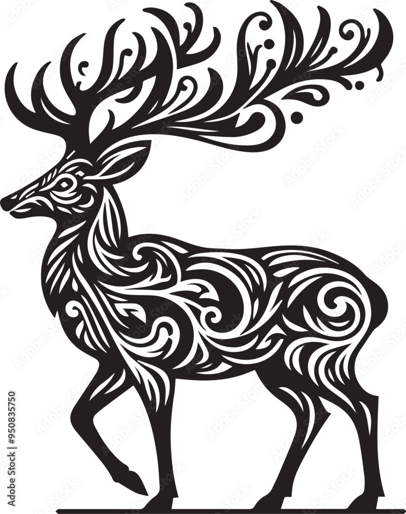 A black and white deer silhouette design