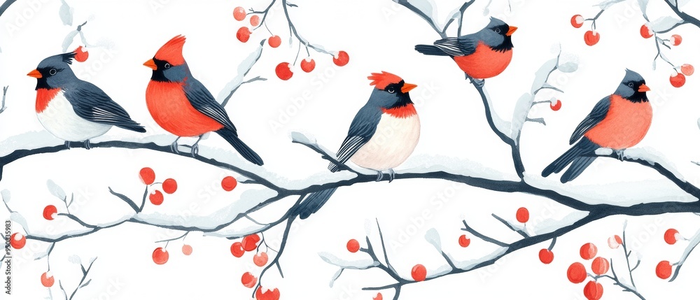 Fototapeta premium A group of birds are sitting on a branch with berries