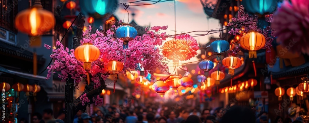 Festival lights in a crowded street, vibrant and festive, Urban, Bright colors, Photograph, Festive celebration Festival lights in a crowded street, vibrant and festive, Urban, Bright colors, Photograph, Festive celebration