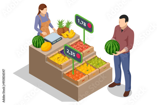 Online sale of vegetables and fruits. Isometric Farmer sells fresh Fruts and vegetables. Natural fresh products. Sellers and marketing concept. Farmer market.