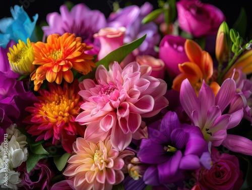 Flower arrangement with vibrant blooms, artistic and fresh, Botanical, Bright hues, Photograph, Floral beauty