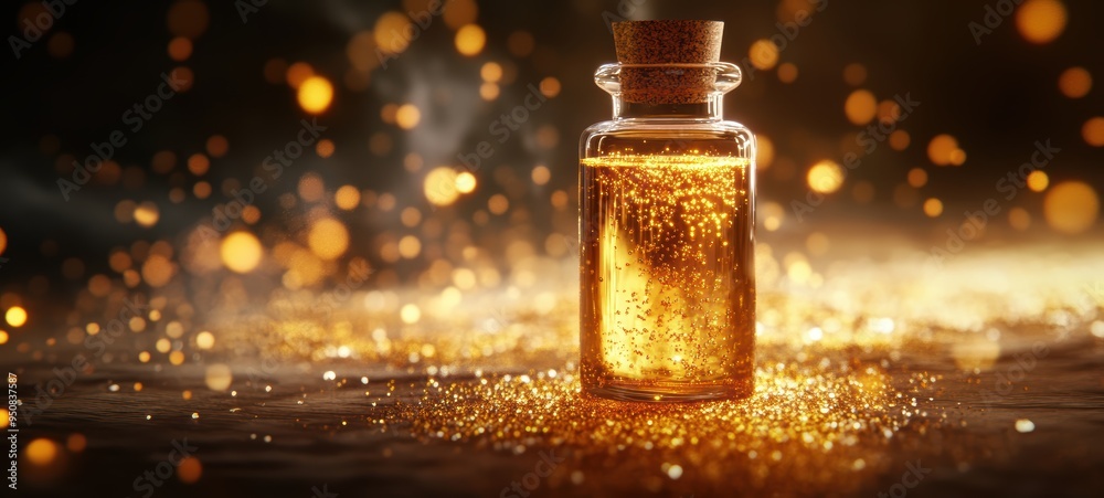 A vial of shimmering golden liquid, swirling with tiny, glowing particles, labeled Elixir of Eternal Youth A vial of shimmering golden liquid, swirling with tiny, glowing particles, labeled Elixir of Eternal Youth