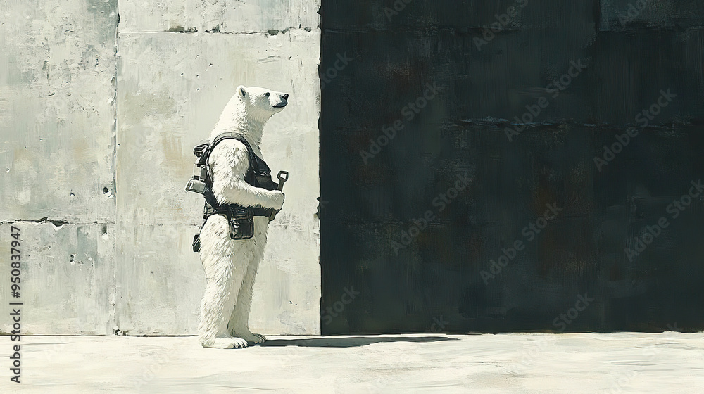 Obraz premium A polar bear wearing a tactical vest and holding a wrench stands in front of a grey wall and a black wall. Generated with AI.