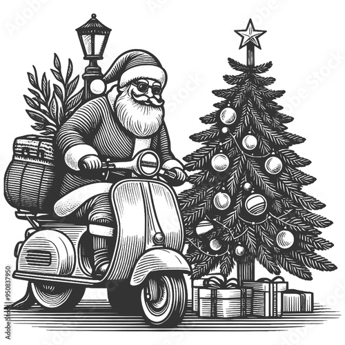 Santa Claus riding a scooter, Christmas tree and gifts, surrounded by stars sketch engraving generative ai fictional character vector illustration. Scratch board imitation. Black and white image.