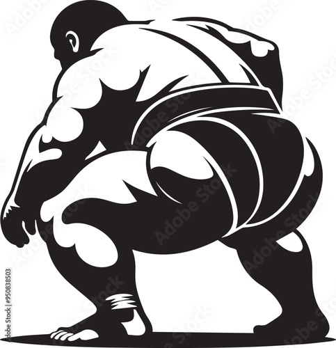 A black and white sumo wrestler silhouette design