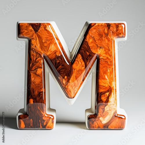 3D letter "M", peach and mahogany with a polished look, white background, with subtle, artistic accents