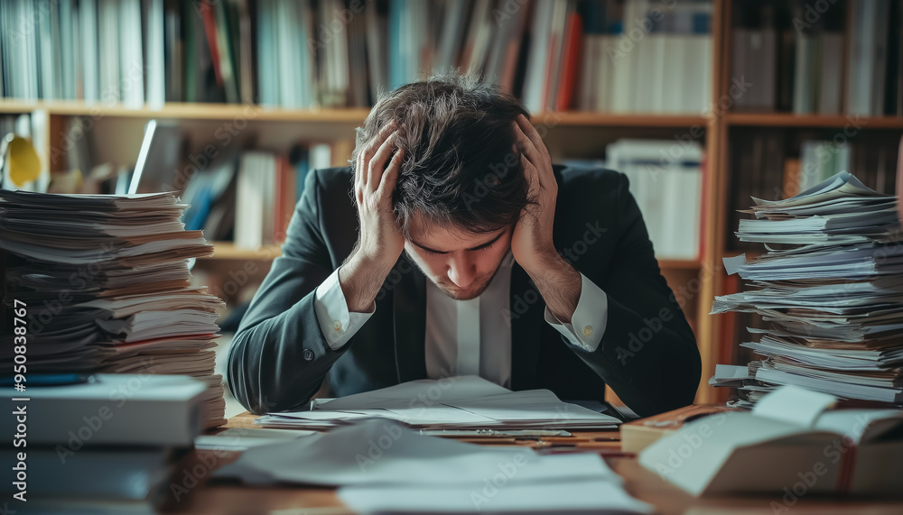 Office worker overwhelmed with work, piles of paper and clutter around him all over the desk. Generative AI