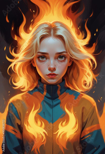 Angry cartoon with blonde hair and a scowling expression, surrounded by flames