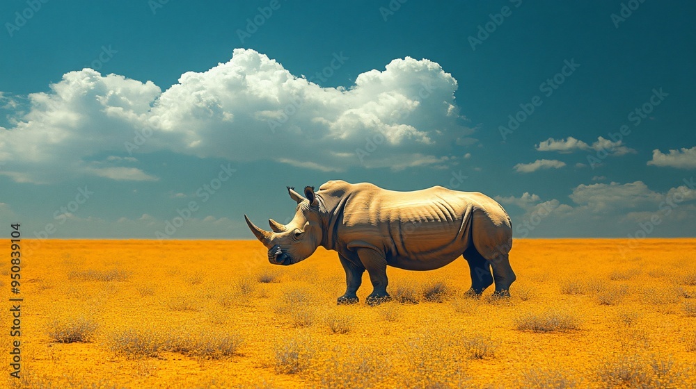 Fototapeta premium White rhinoceros walking on a field of yellow flowers