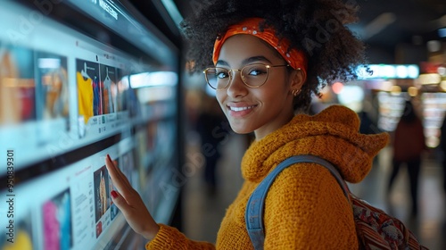Young woman browsing clothes on interactive digital menu