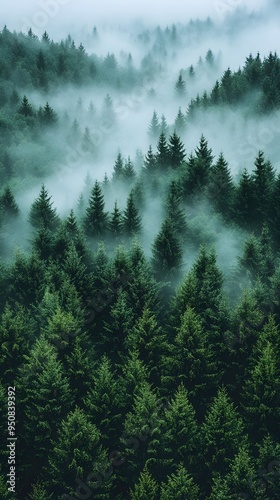 A misty forest with tall, green trees stretching up to the sky.