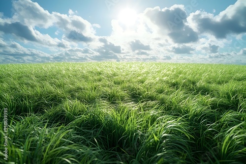 A vast field of tall green grass sways gently in the breeze, illuminated by the warm glow of the sun filtering through the clouds.