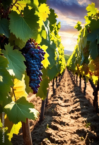 vibrant vineyard landscape showcasing flourishing grape vines under bright blue sky lush green foliage rolling hills, grapevine, grapes, agriculture, nature