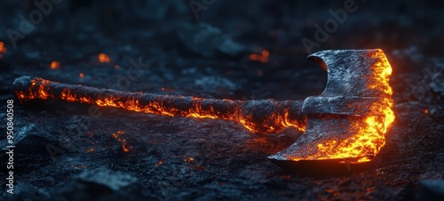 An axe with a blade made of molten lava photo