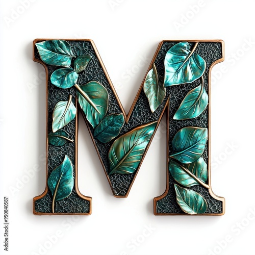 3D letter "M", jade and bronze with a textured finish, white background, with natural leaf patterns