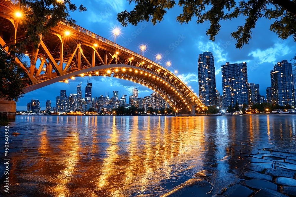 Obraz premium Bridge Large, Steel, and Nighttime visualized in a nighttime cityscape where a large steel bridge is illuminated, its lights casting reflections on the water, with the city skyline in the background