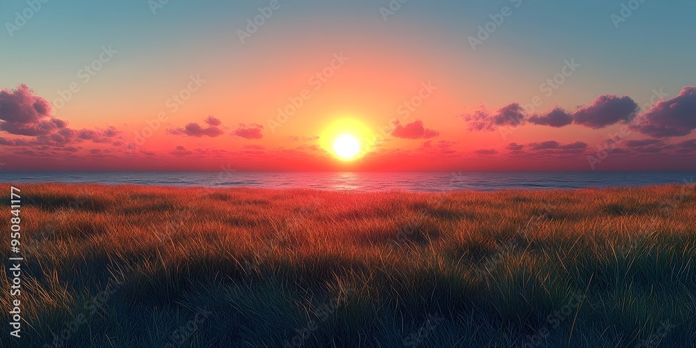 A vibrant sunset paints the sky in shades of pink and orange as the sun dips below the horizon, casting a warm glow over the grassy field and the distant ocean. A vibrant sunset paints the sky in shades of pink and orange as the sun dips below the horizon, casting a warm glow over the grassy field and the distant ocean.