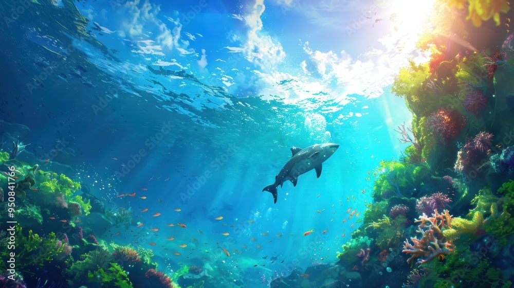 Obraz premium Dive into the mesmerizing underwater world, showcasing vibrant coral reefs and a majestic shark swimming gracefully in sunlit waters.