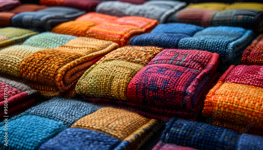  close-up of a pile of colorful knitted blankets or pillows. 
